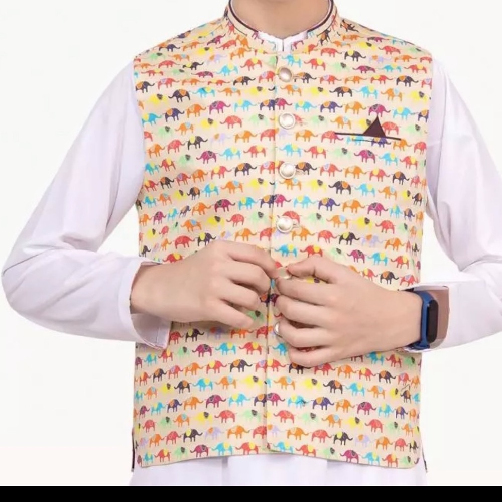 Eid special 
Baby boy Multi & White Waist Coat Suit